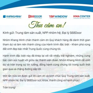 Thư Cảm Ơn Trung Tâm Sản Xuất, NPP Nhôm Hệ, Đại lý S68Door